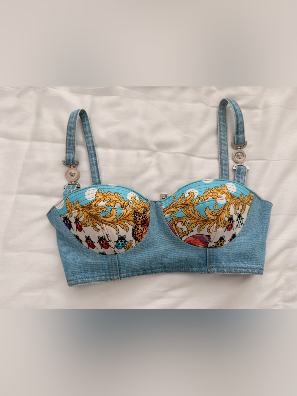 Versace Denim-Trim Baroque Printed Balconette Bra — Blue/Gold